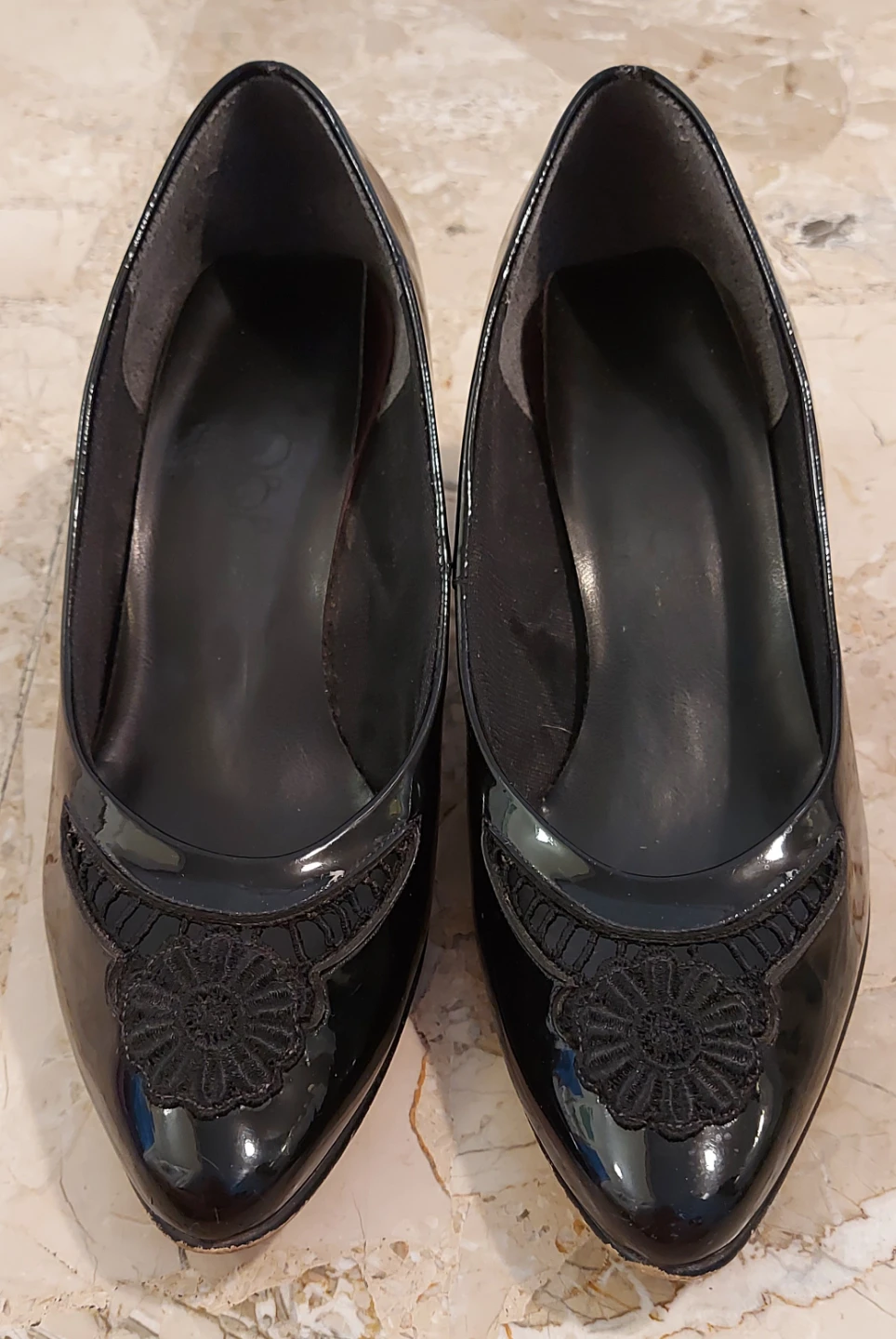 Black Patent Leather Heels with Floral Detail - photo 2