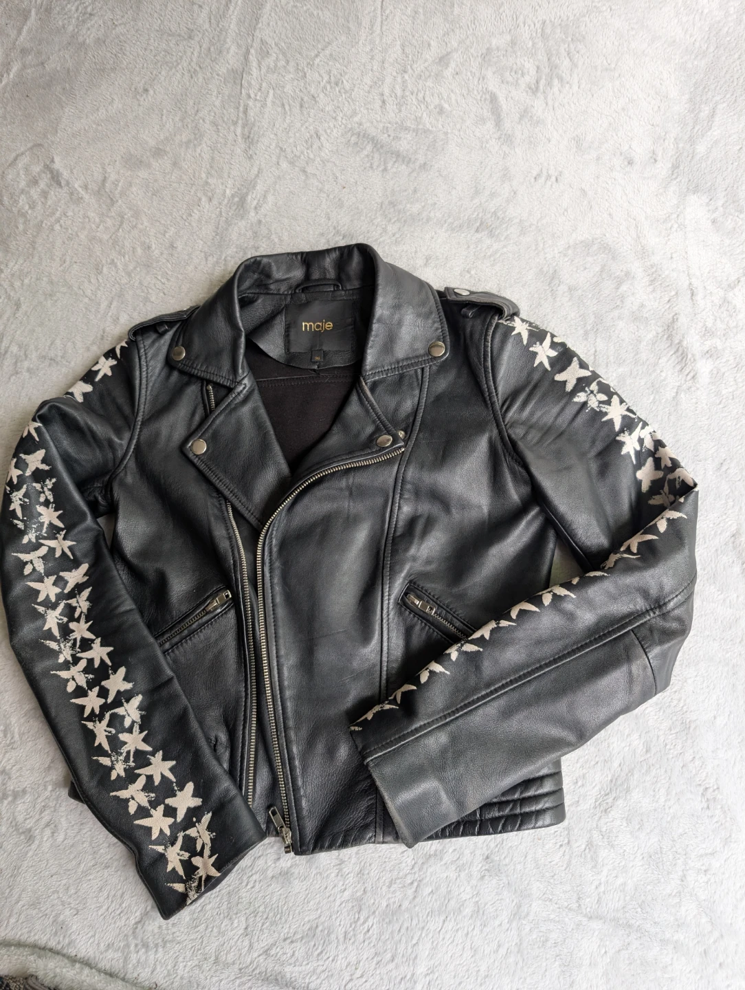 ⚽Maje Black Leather Jacket with Star Embroidery