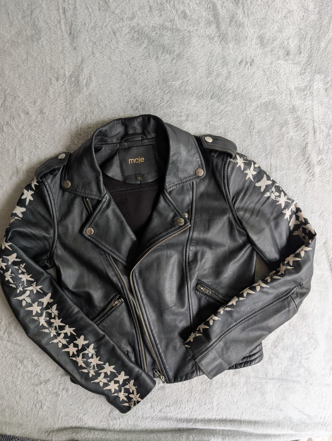 ⚽Maje Black Leather Jacket with Star Embroidery - photo 4
