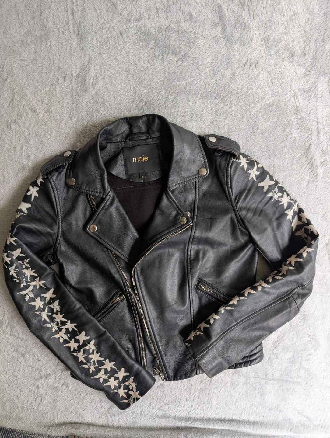 ⚽Maje Black Leather Jacket with Star Embroidery - photo 5