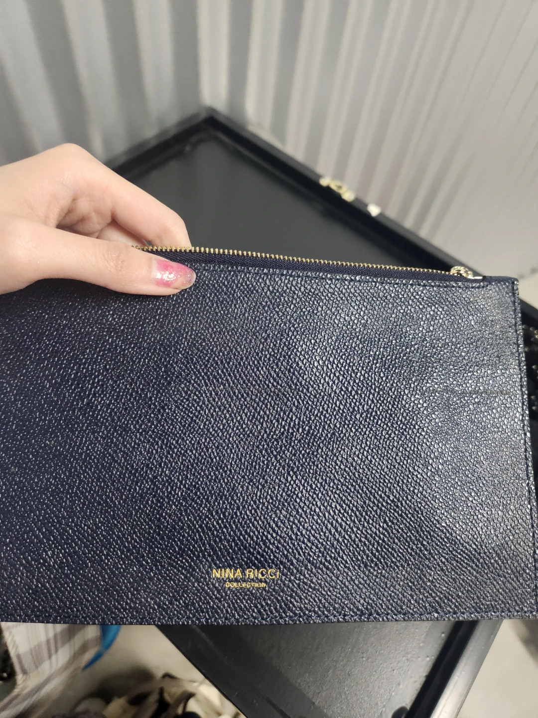 Nina Ricci navy pebbled leather clutch pouch