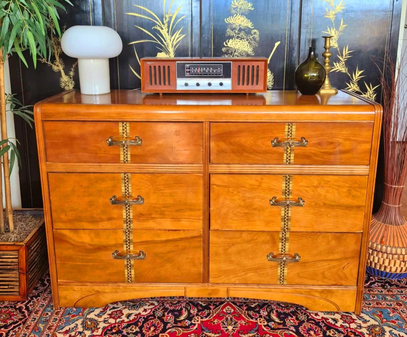 Art Deco Cinnamon Walnut 6 Drawer Dresser With Inlay Accents