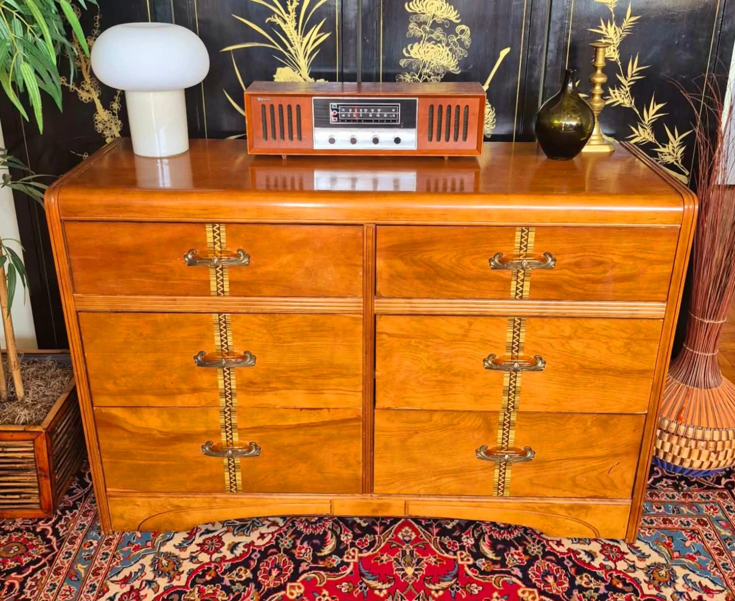 Art Deco Cinnamon Walnut 6 Drawer Dresser With Inlay Accents - photo 2