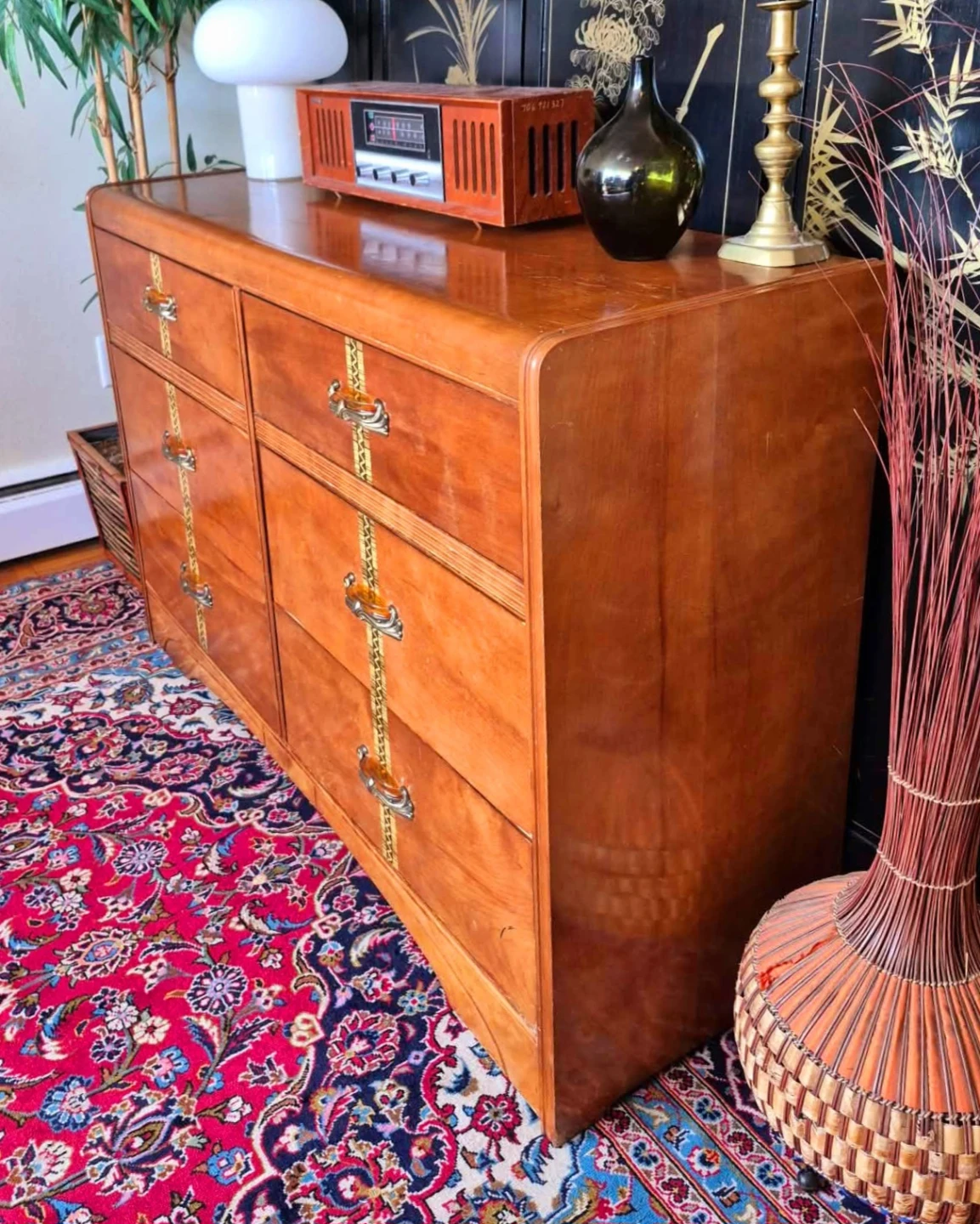 Art Deco Cinnamon Walnut 6 Drawer Dresser With Inlay Accents - photo 4