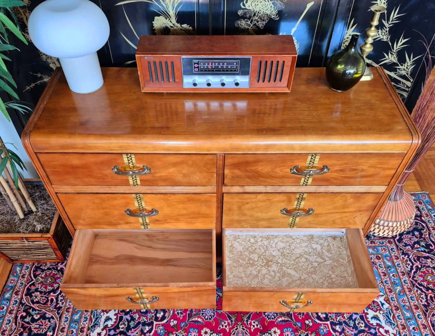 Art Deco Cinnamon Walnut 6 Drawer Dresser With Inlay Accents - photo 5