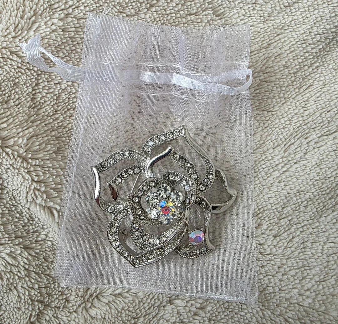 Rhinestone Rose Brooch with Organza Pouch