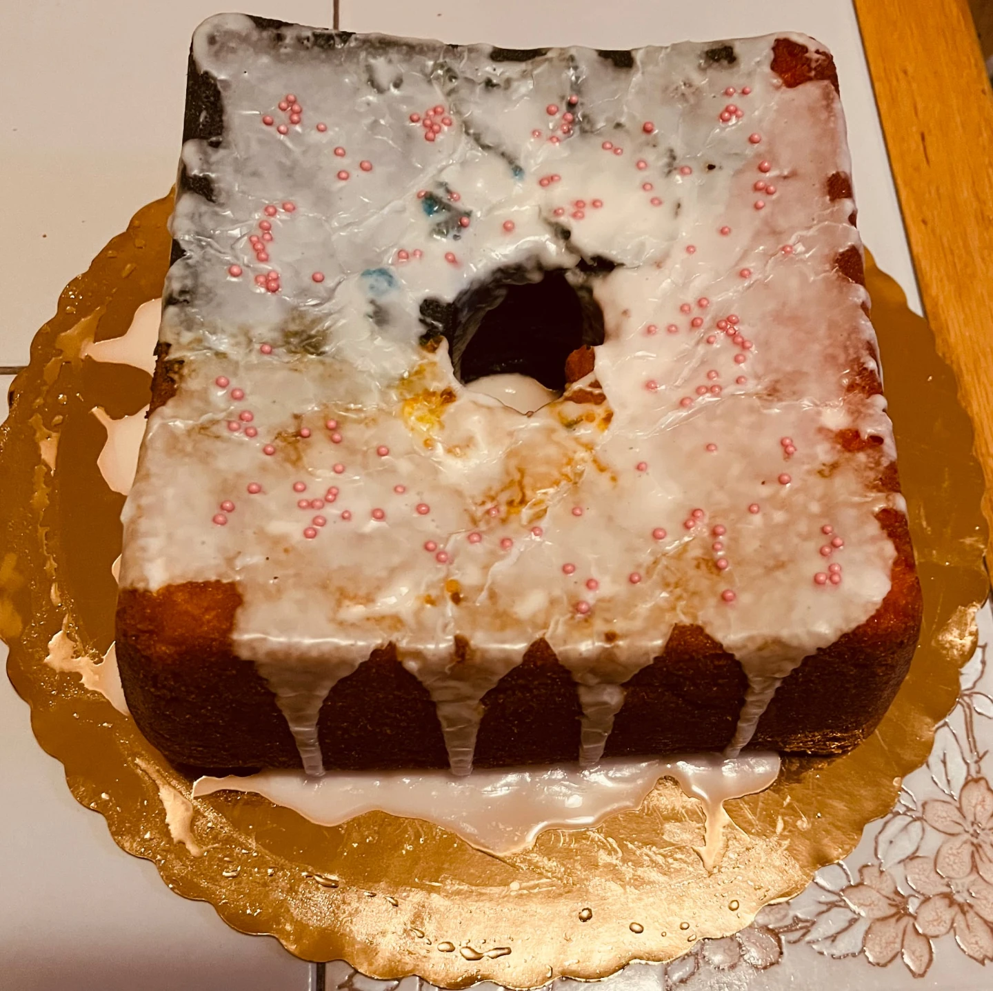 Square Cake with White Icing and Pink Sprinkles