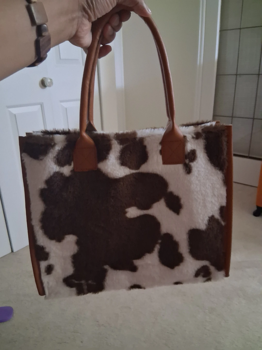 Cow Print Faux Fur Tote Bag