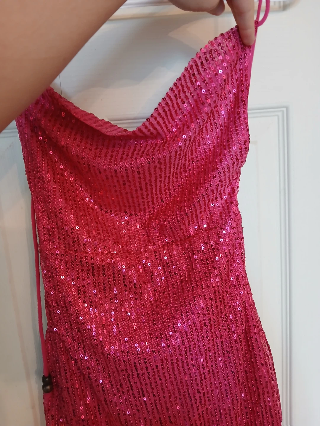 Hot Pink Sequin Split Thigh Crisscross Backless Dress, Size S - photo 5