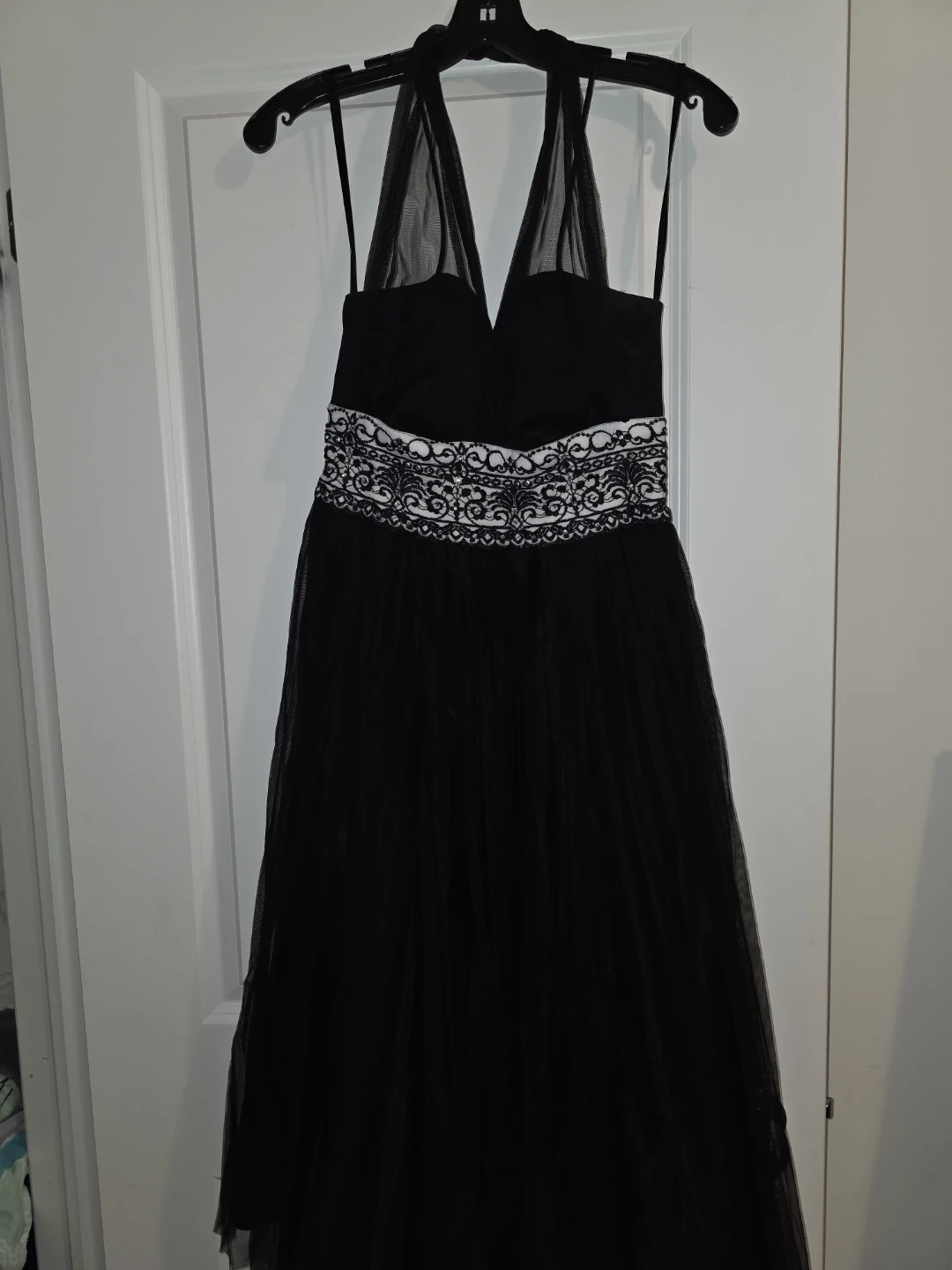 Black Halter Neck Gown with White Beaded Waist