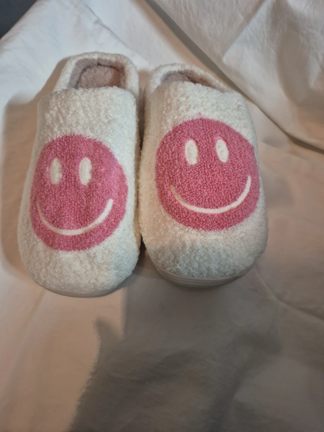 Never Used - White Fuzzy Smiley Face Slippers