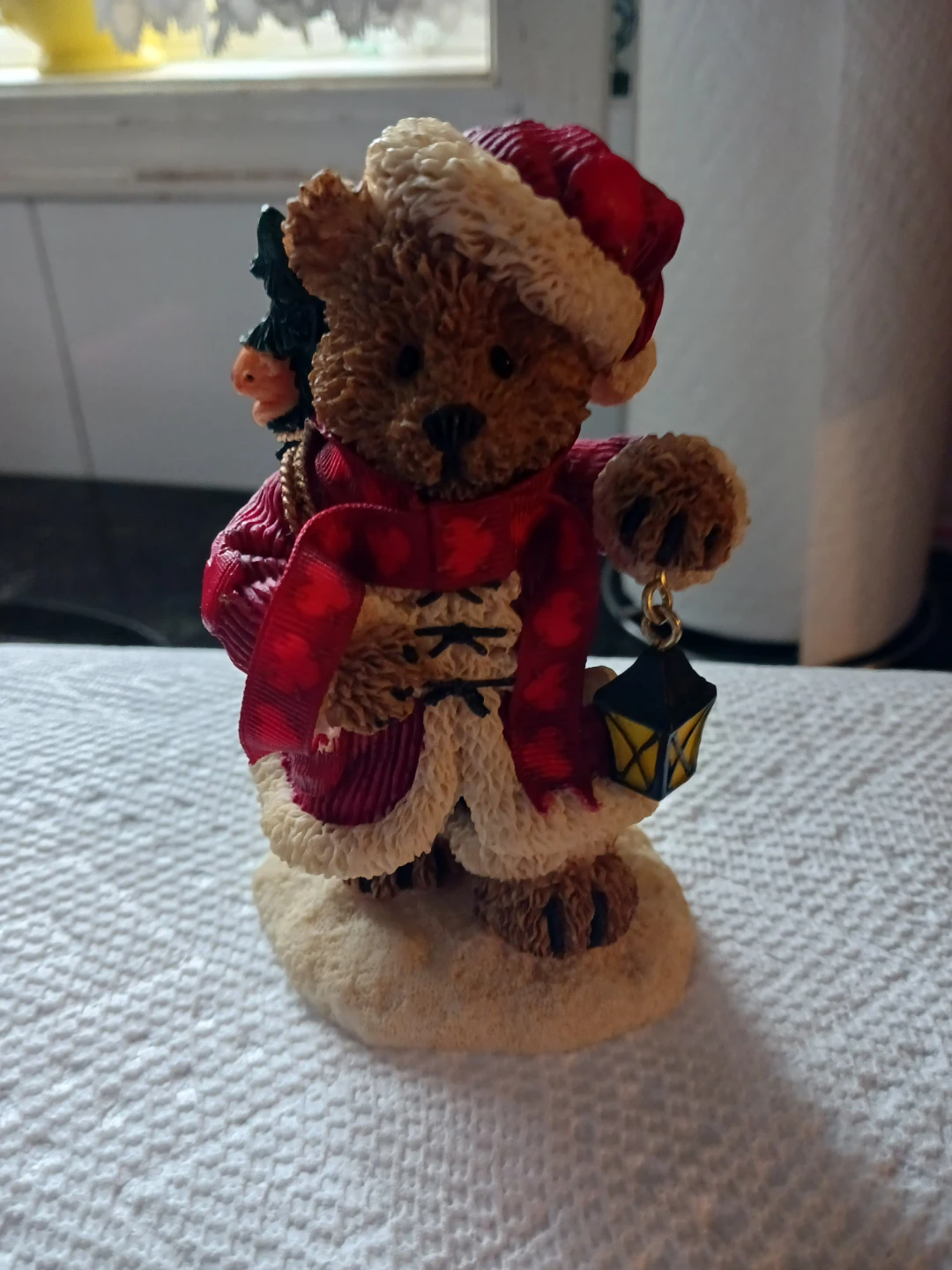 Christmas Teddy Bear Figurine with Lantern and Tree