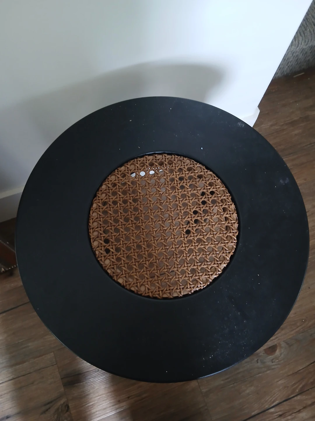 Black Round Accent Table with Cane Inlay