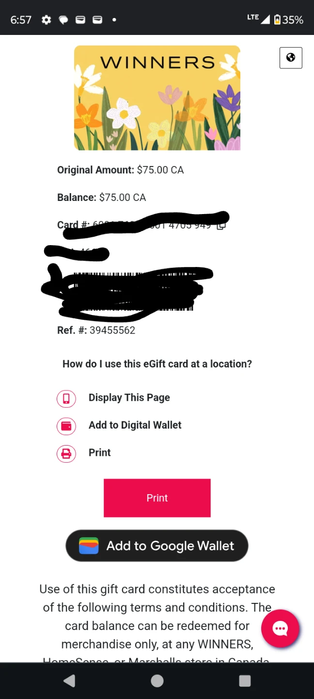Winners gift card 75$ for 60$