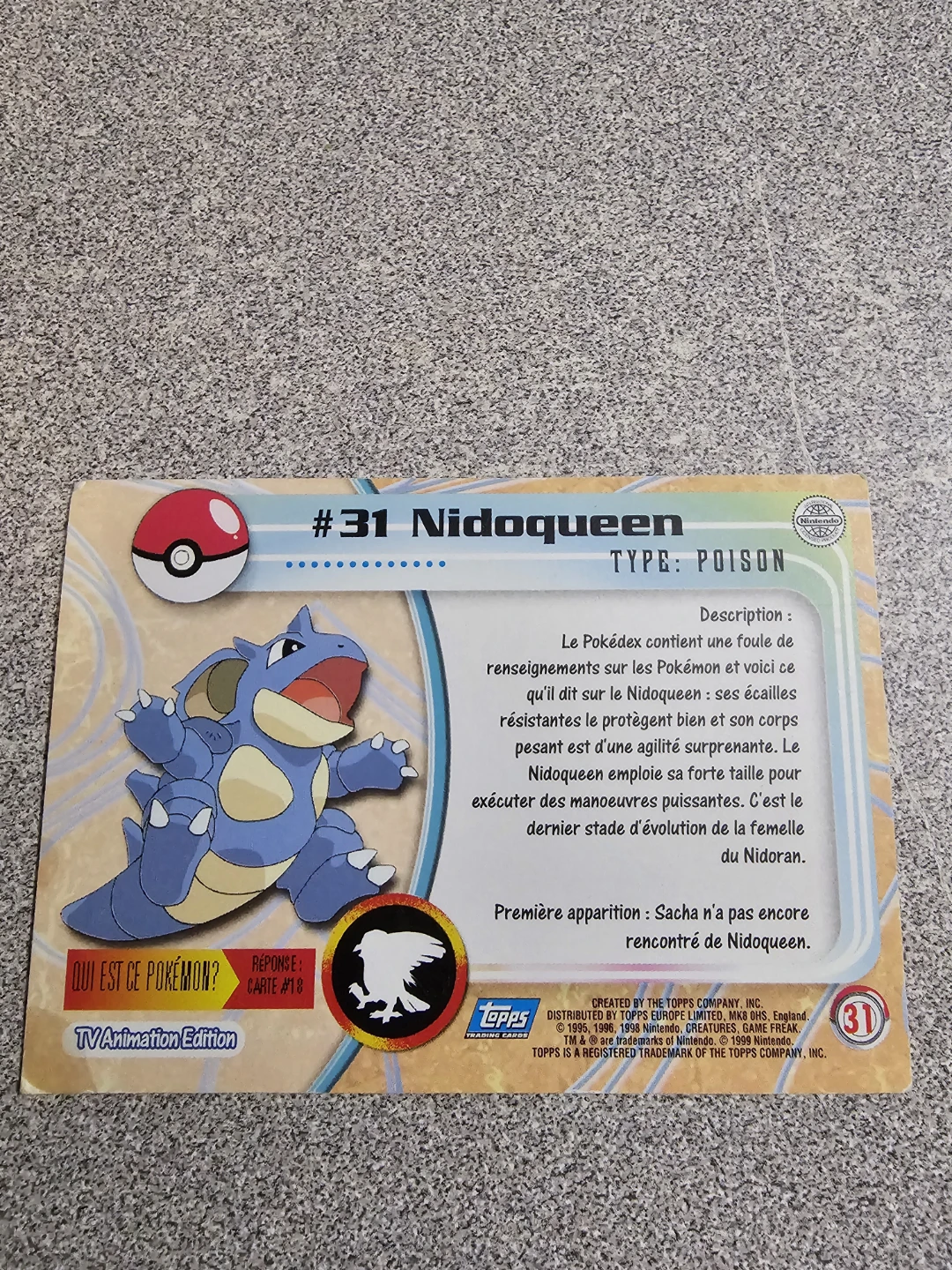 Pokemon #31 Nidoqueen Card - TV Animation Edition - photo 2