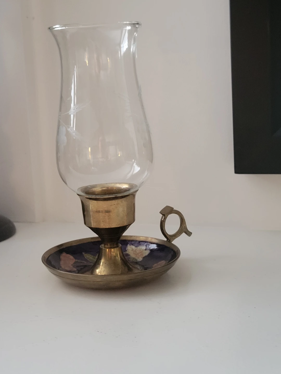 Solid Brass Candlestick with Glass Hurricane Shade.Chamberstick