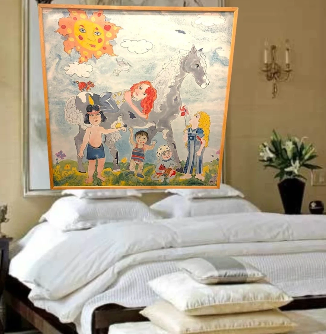 Extra large hand-painted silk "Children and Horse in the Garden.
