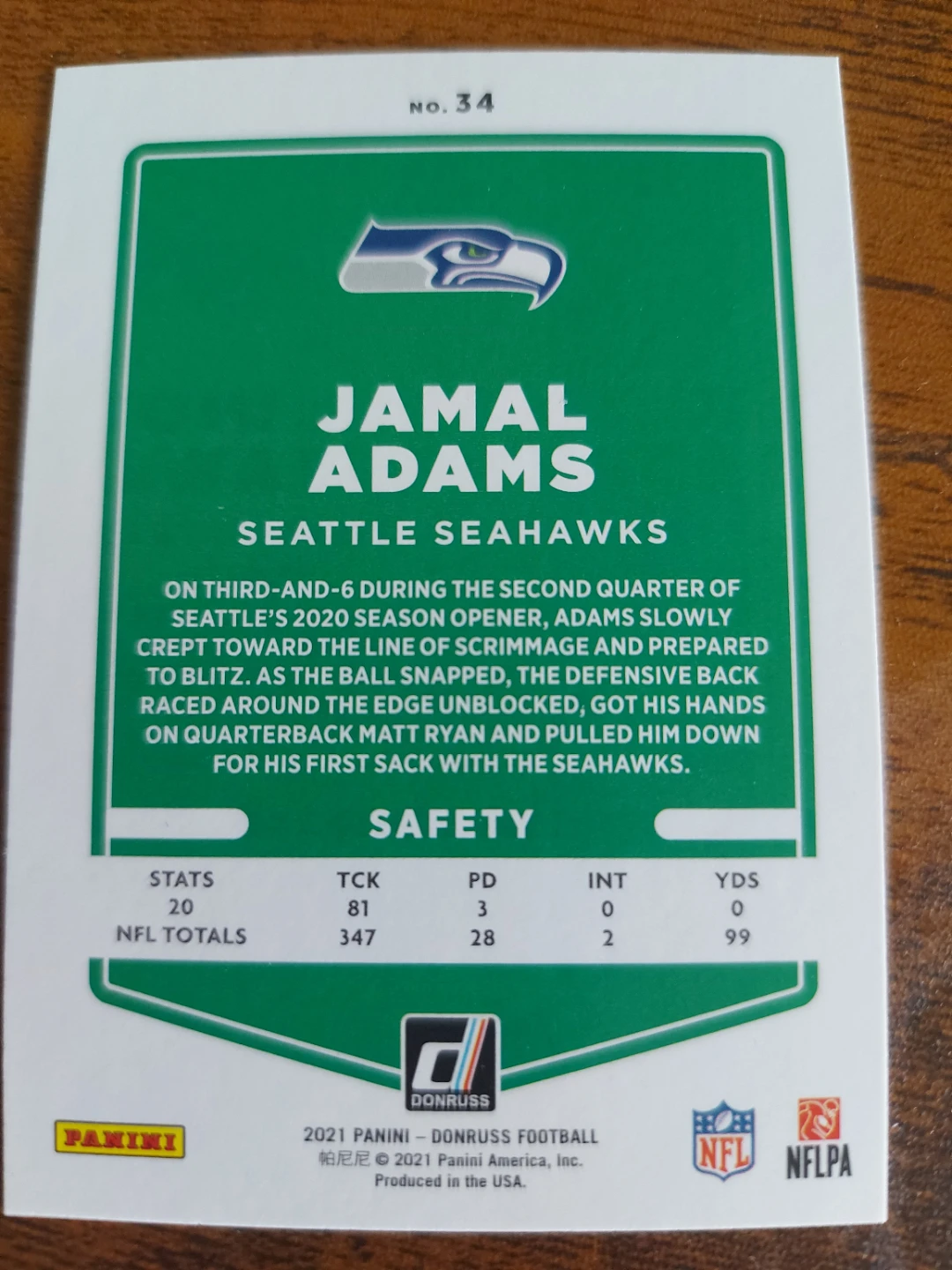 2021 Panini Donruss Football Card - Jamal Adams - photo 2