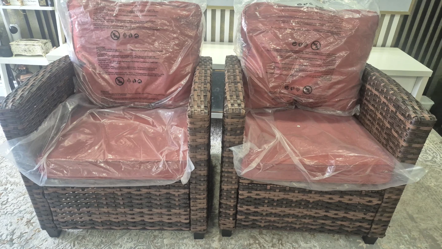 Wicker Patio Chairs with Red Cushions - Set of 2