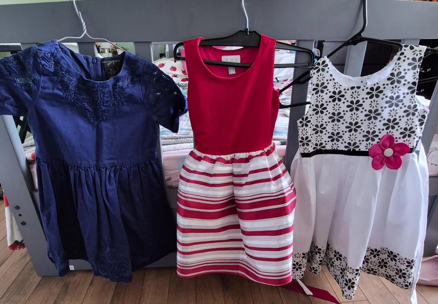 Bundle of 3 Girls Dresses - Navy, Red/White Stripe, Floral
