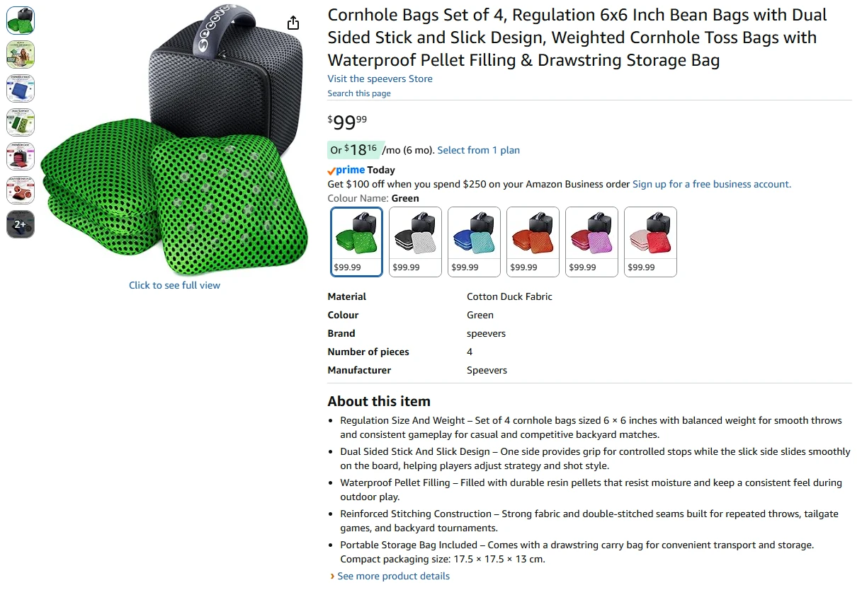 Cornhole Bags Set - 4 Green Bags, 6x6 Inch - photo 2