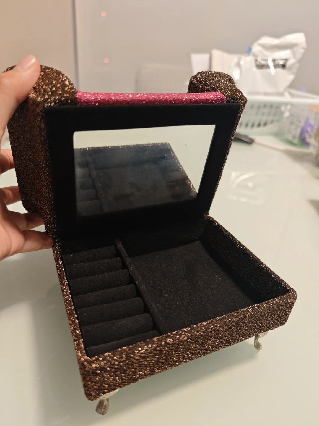 Sparkly Brown and Pink Heart Jewelry Box with Mirror - photo 2