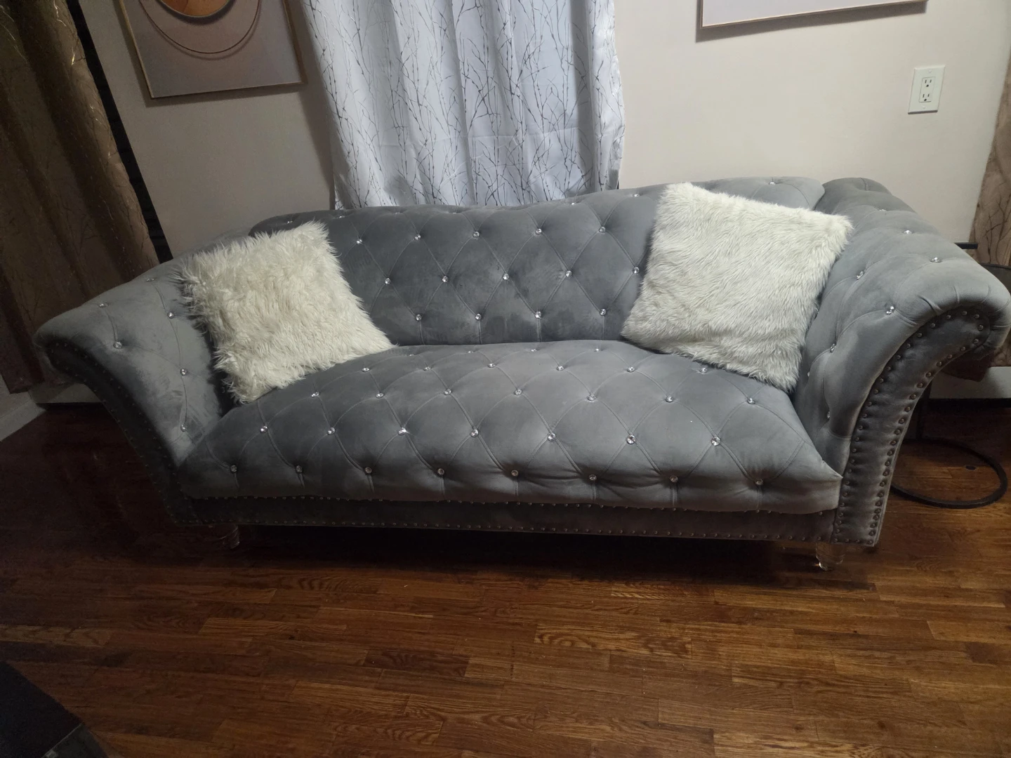 Grey Tufted Sofa with Crystal Accents