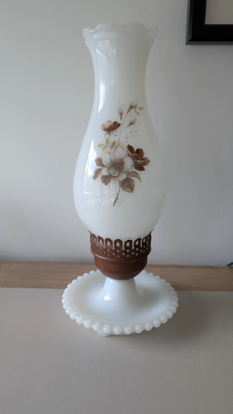 Vintage Milk Glass Hurricane Lamp Shade with Floral Design