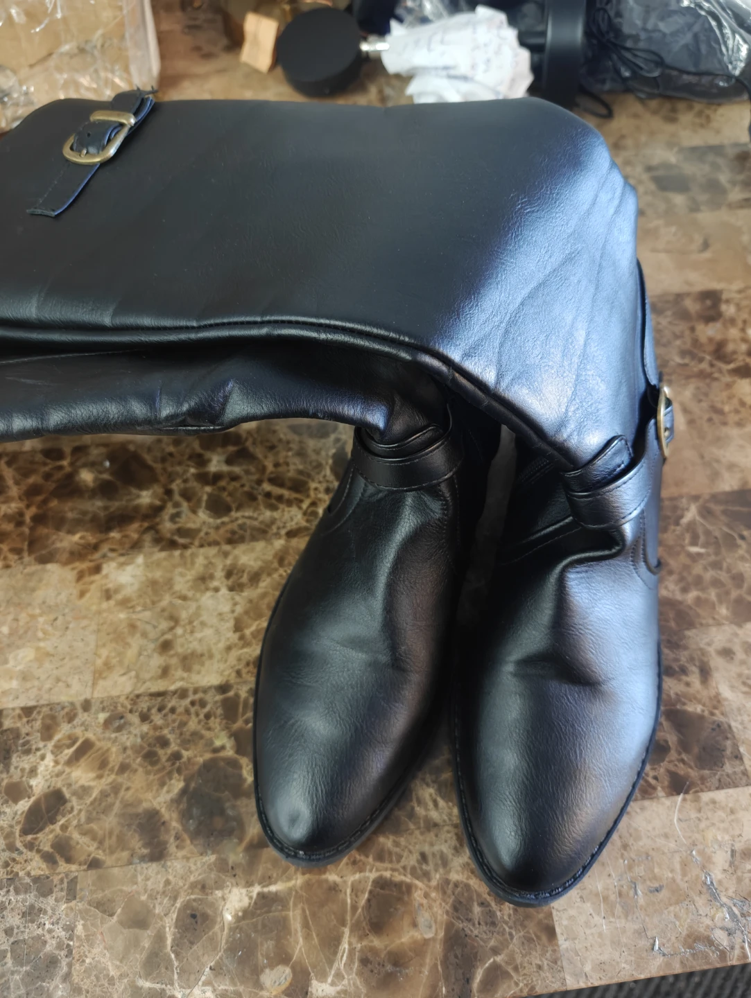 Black Faux Leather Knee-High Boots with Buckle Detail - photo 2