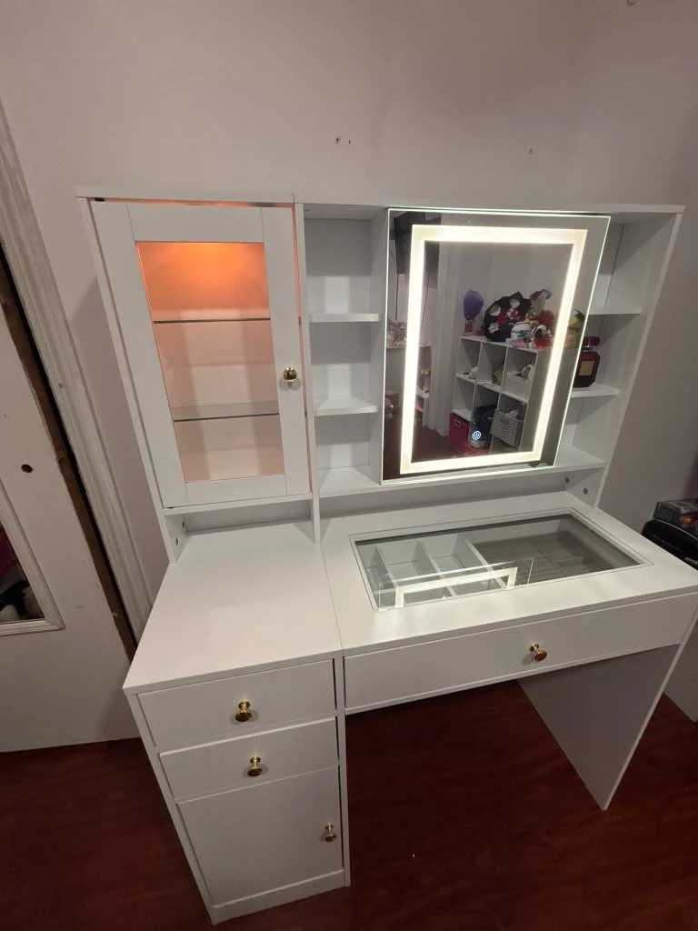 White Vanity Table with Lighted Mirror and Storage