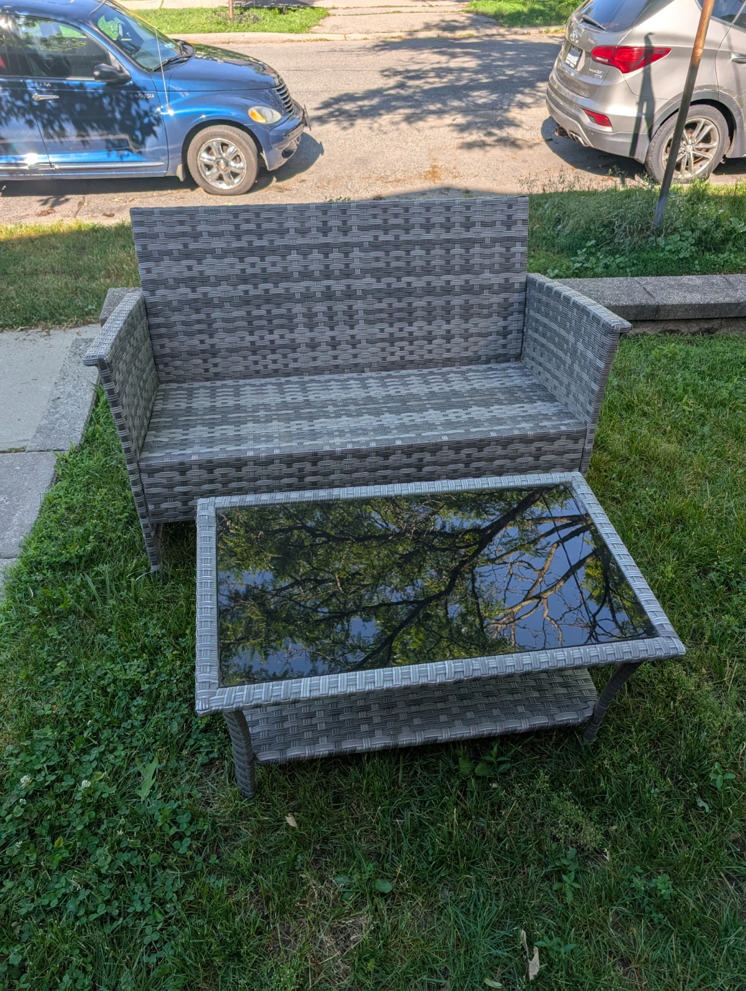 Grey Wicker Loveseat and Coffee Table Set