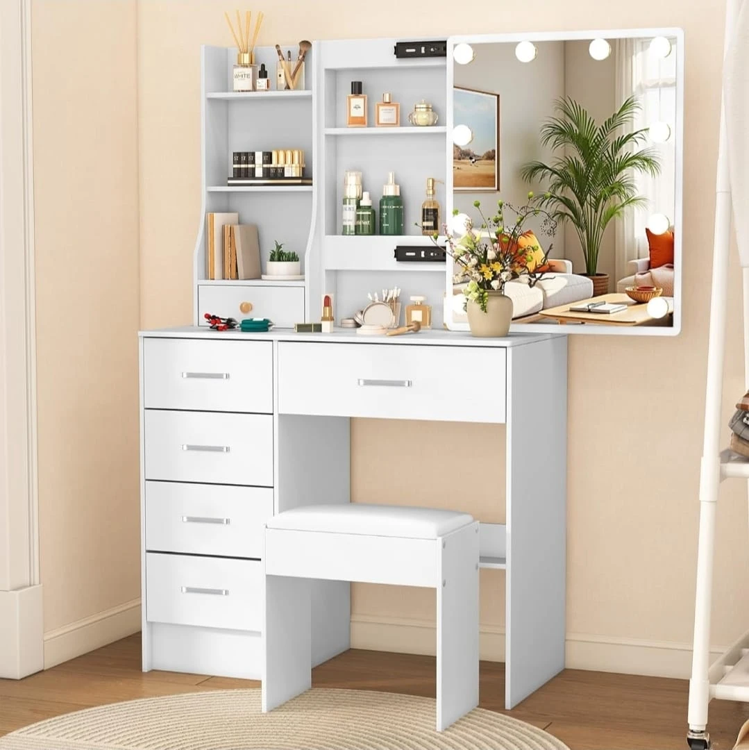 Vanity Desk with Lighted Mirror and Stool on Big Sale