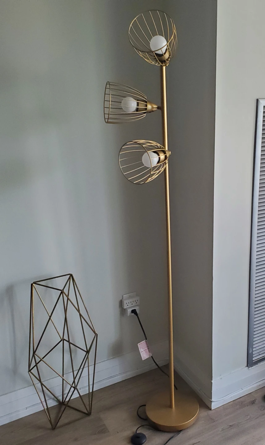 Gold 3-Head Floor Lamp with Caged Shades