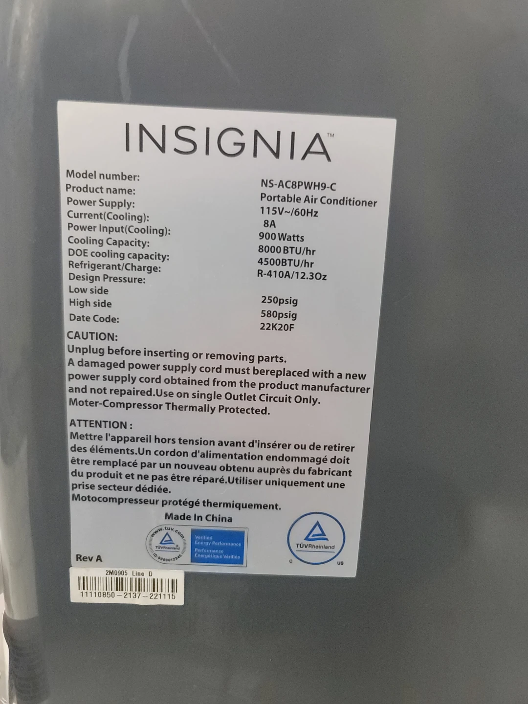 Insignia Portable Air Conditioner NS-AC8PWH9-C - photo 2