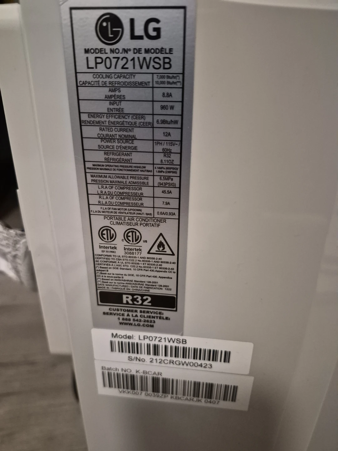 LG LP0721WSB Portable Air Conditioner - photo 5