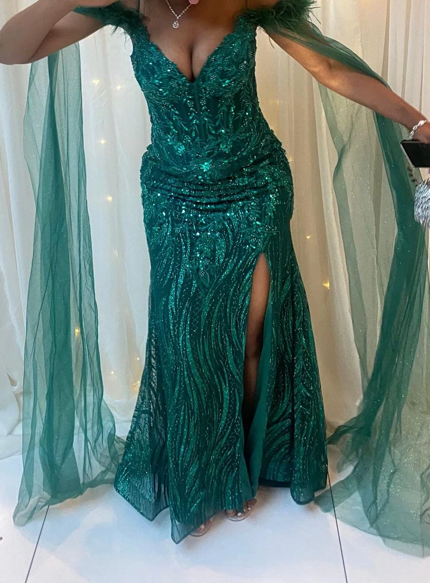Emerald Green Sequin Gown with Feather Details - photo 3