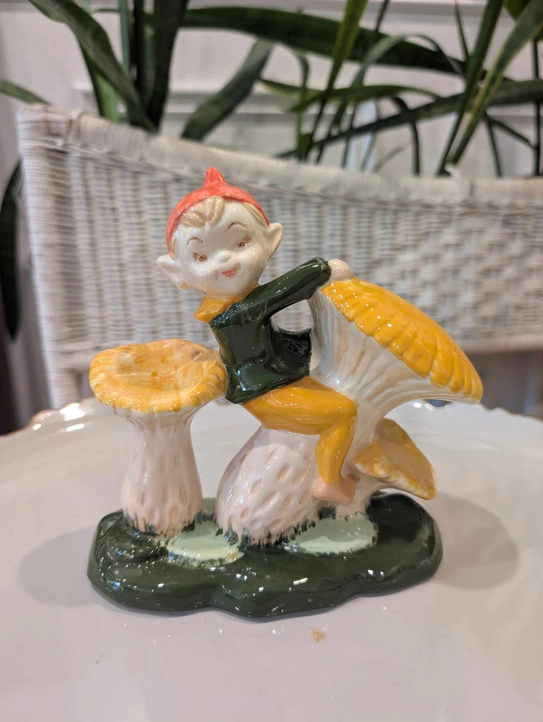 Ceramic Elf Riding a Mushroom Figurine