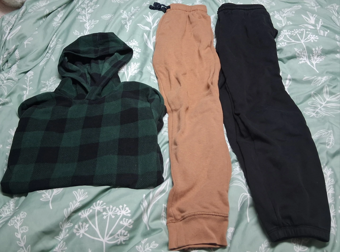 Green Plaid Hoodie and Two Pairs of Sweatpants