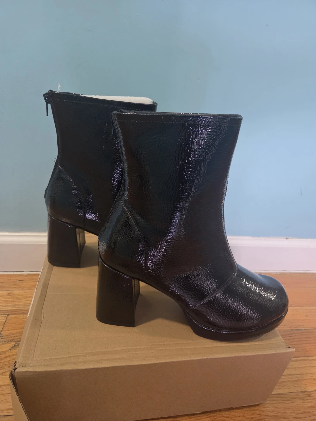 Black Patent Chunky Heel Ankle Boots