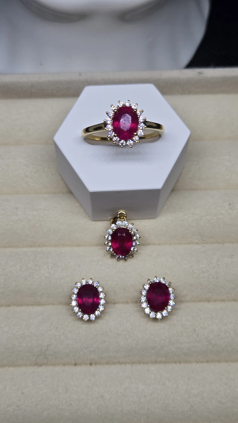Natural Ruby Pendant, Ring, and Earrings Set
