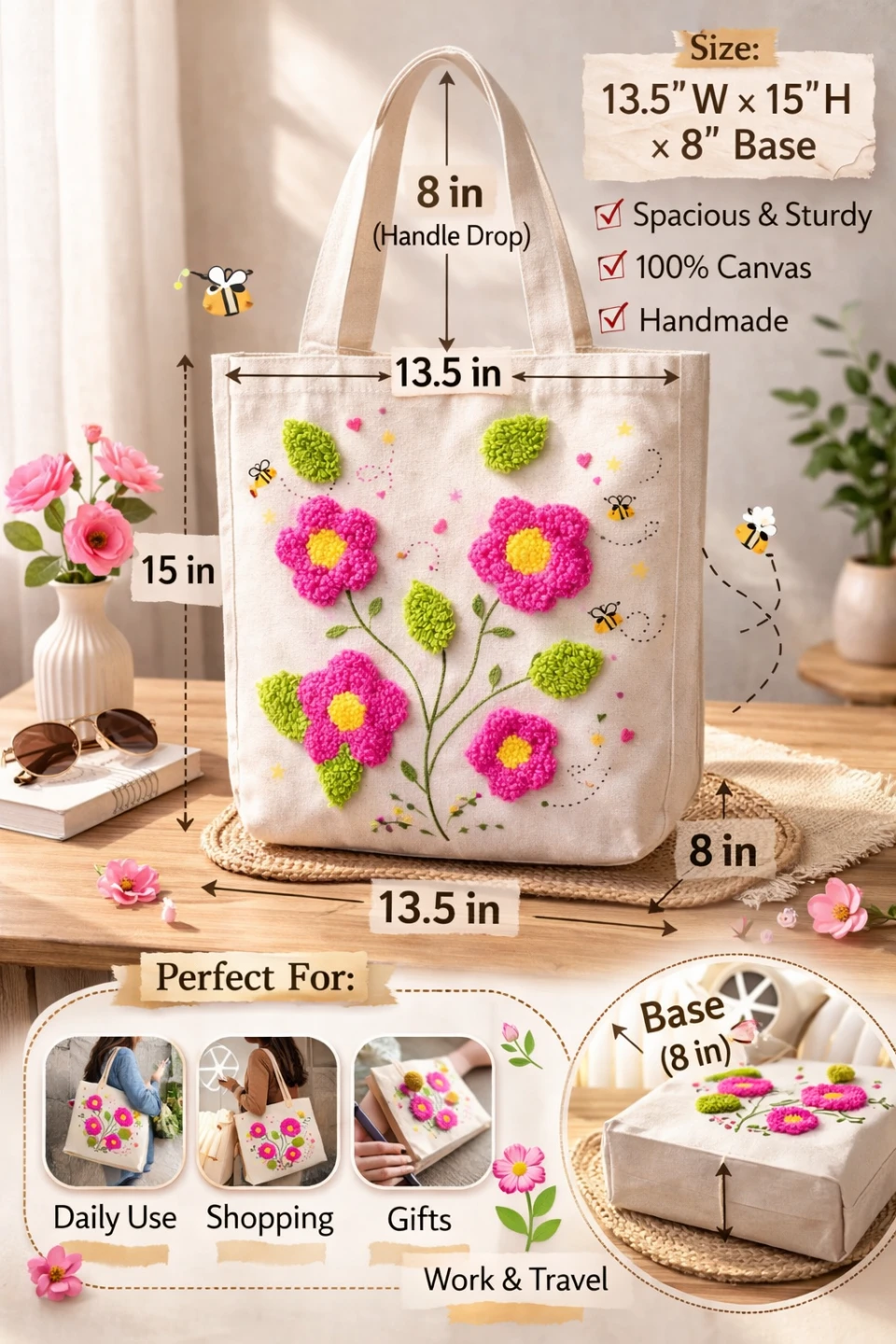 Canvas Tote Bag with Floral Embroidery - photo 3