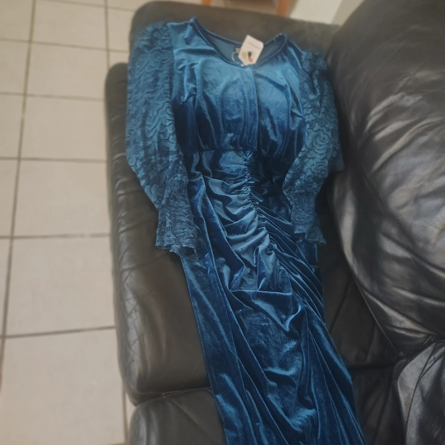 Teal Velvet Lace Sleeve Ruched Maxi Dress - photo 3
