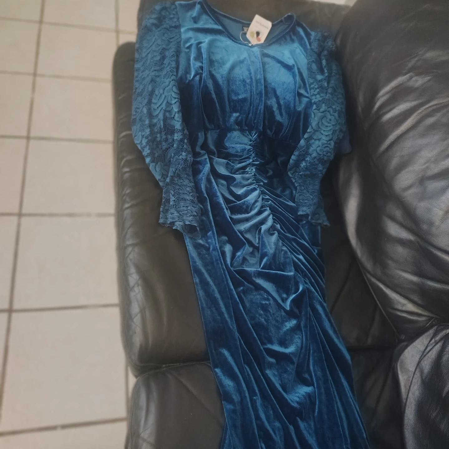 Teal Velvet Lace Sleeve Ruched Maxi Dress - photo 4