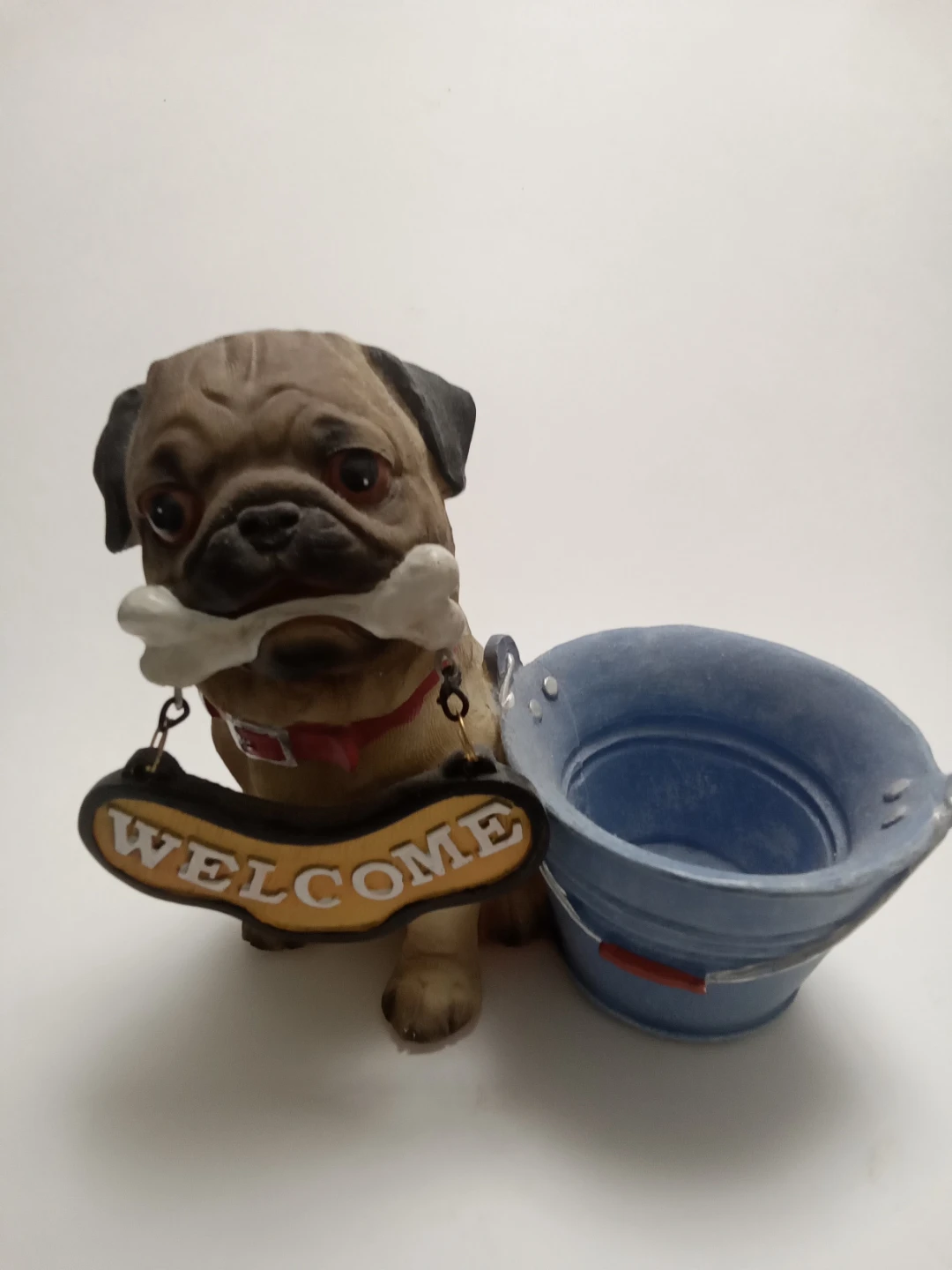 Pug Dog with Welcome Sign and Bucket Figurine