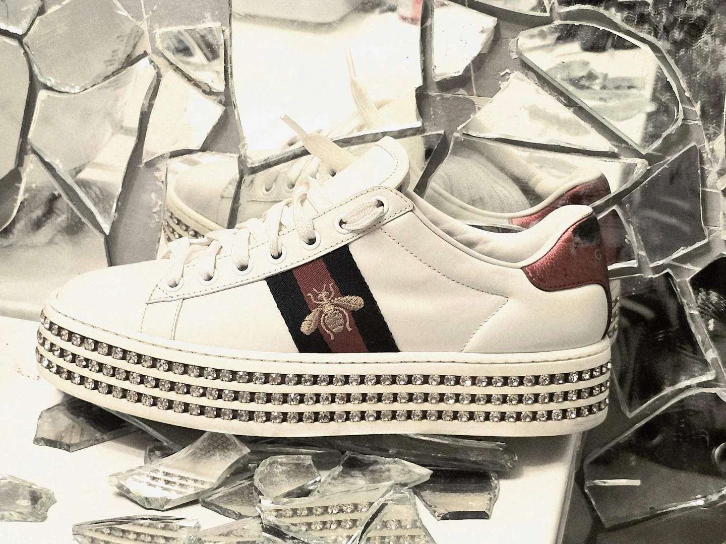 Size 8 Gucci Ace Bee Platform Sneakers with Crystals