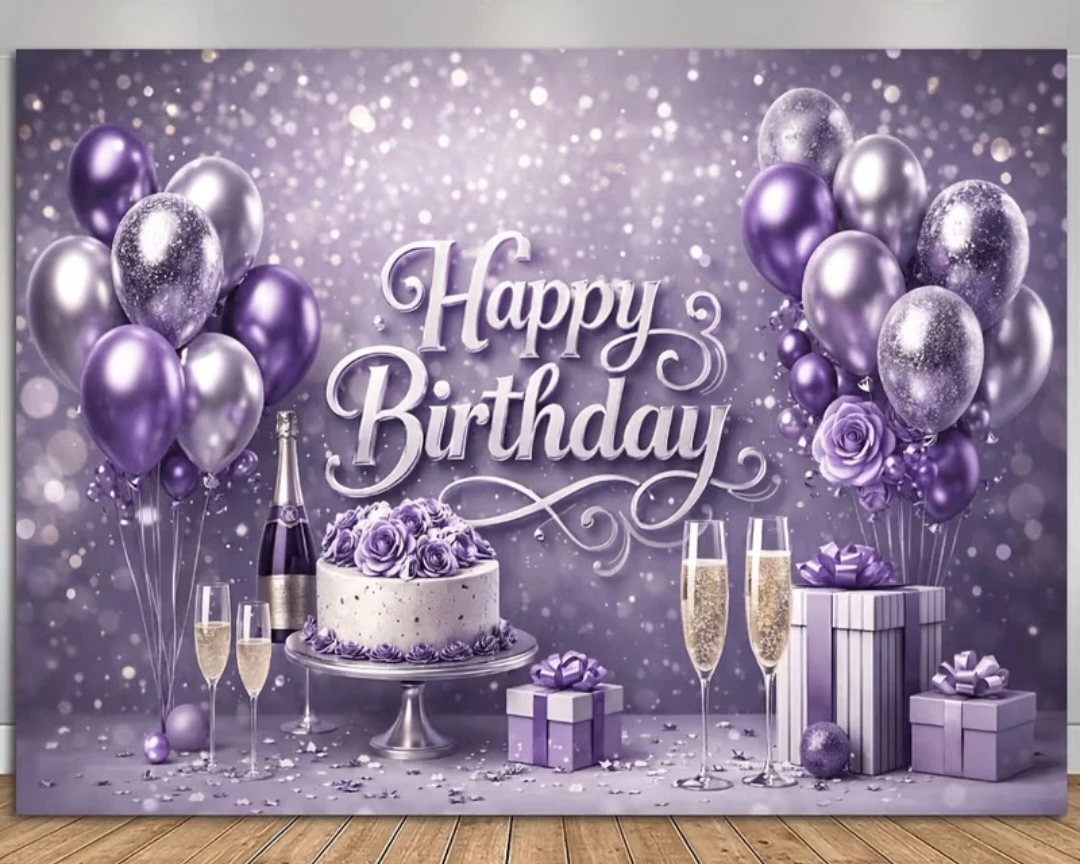 2D Purple Themed Birthday Party Backdrop Banner