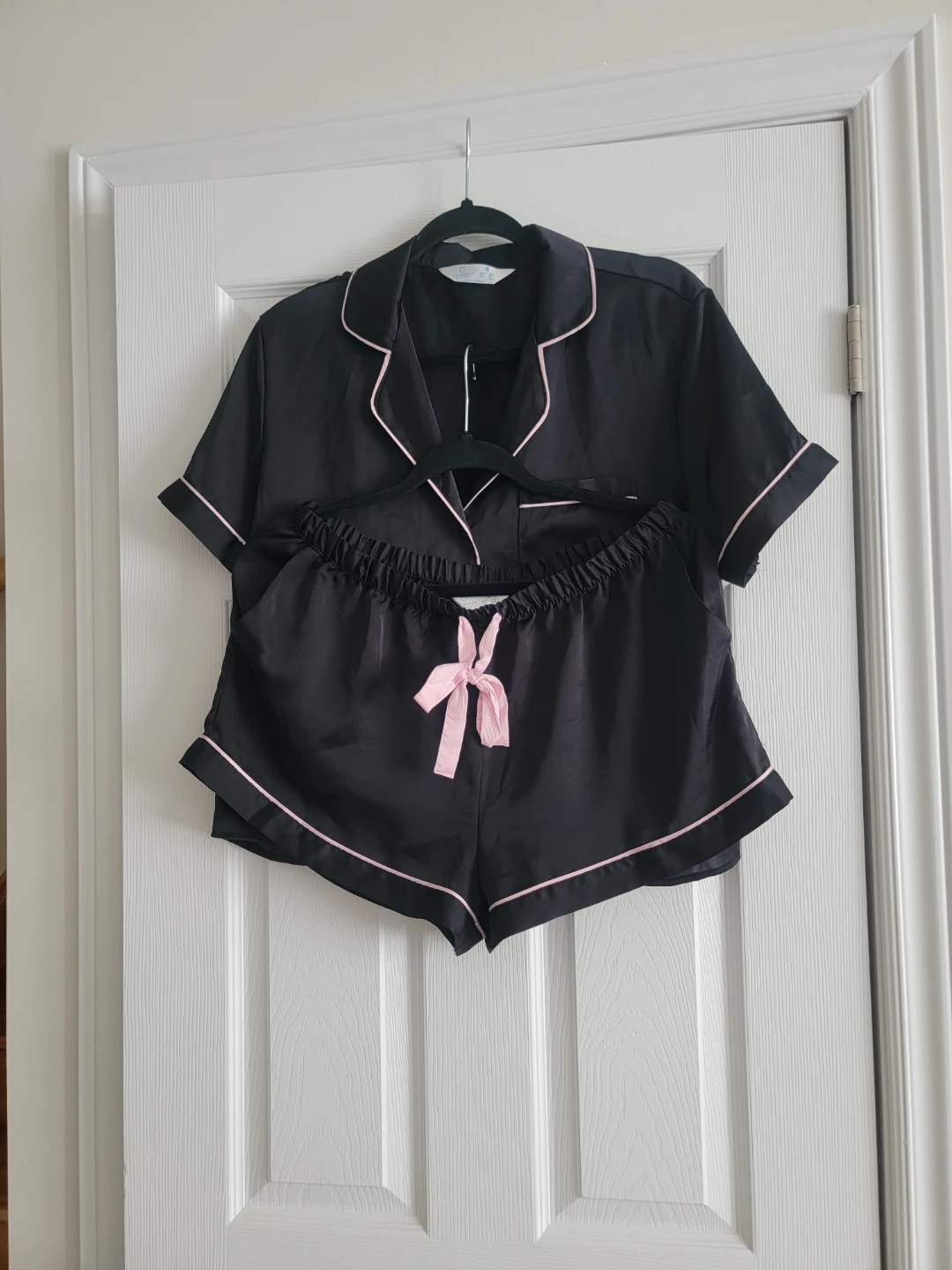 Black Satin Pajama Set with Pink Trim