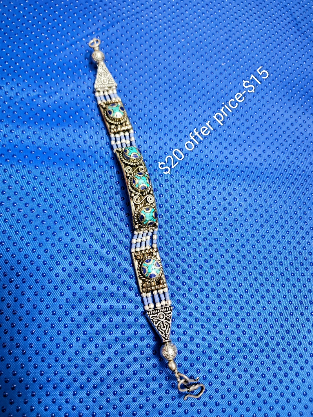 Tibetan Style Silver Bracelet with Turquoise Beads - photo 2
