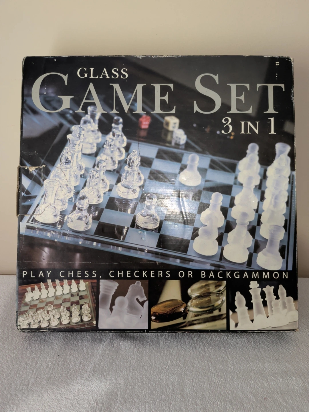3-in-1 Glass Chess / Checkers / Backgammon Set