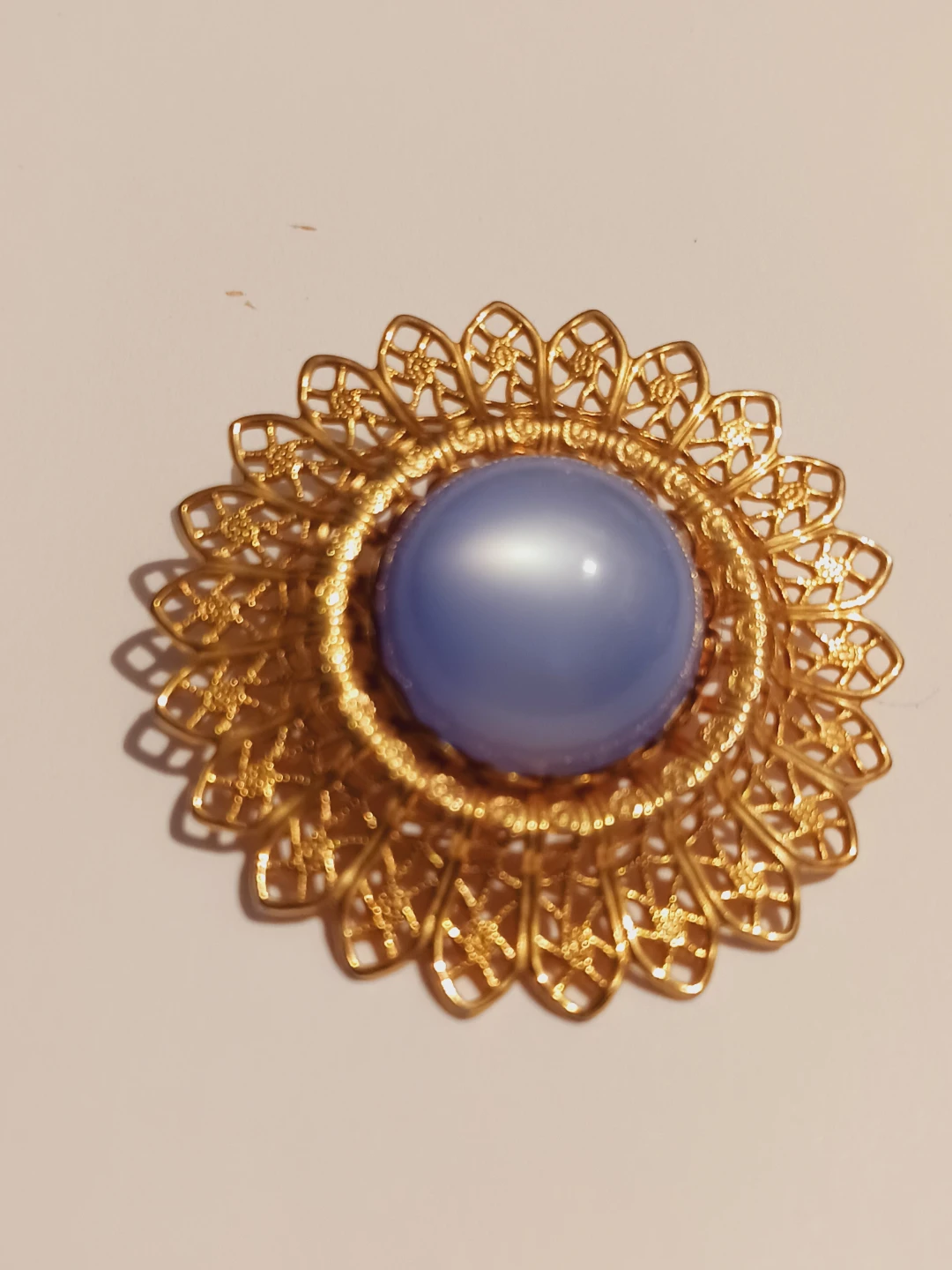 Vintage Gold Tone Brooch with Cats Eye Blue Cabochon - photo 2